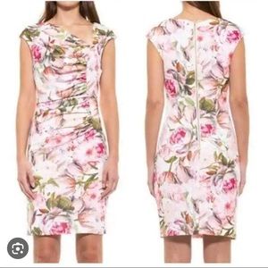 Alexia Admor White Pink Floral Ruched Asymmetric Cap Sleeve Sheath Dress Size M
